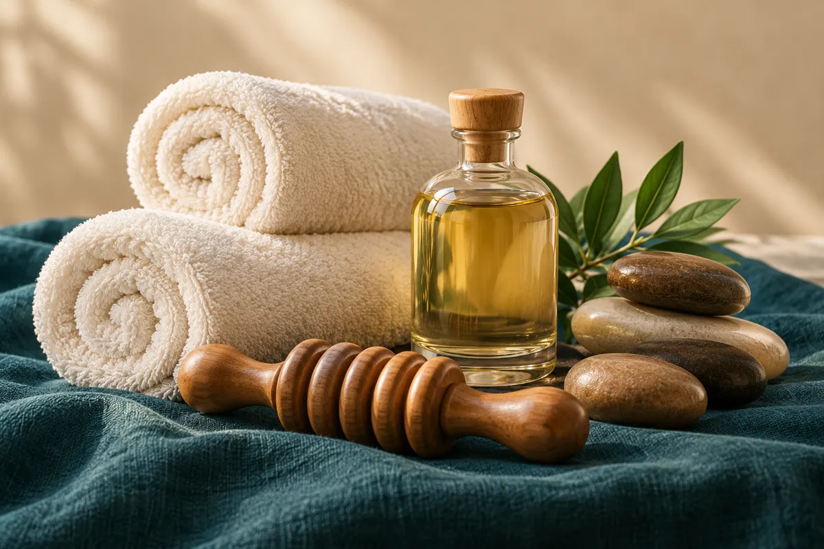 Massage oil, rolled ivory towels, a wooden massage roller and massage stones on teal fabric