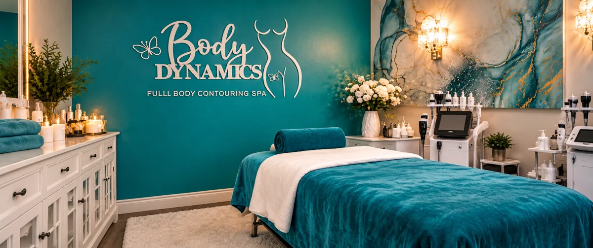 Body Dynamics treatment room with teal wall logo, massage table and contouring equipment