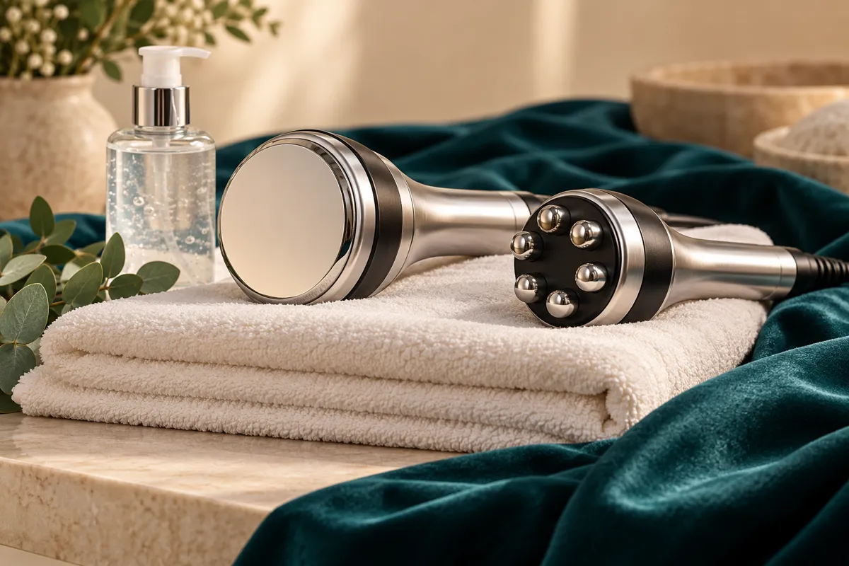 Cavitation and RF handpieces resting on ivory towels with teal fabric